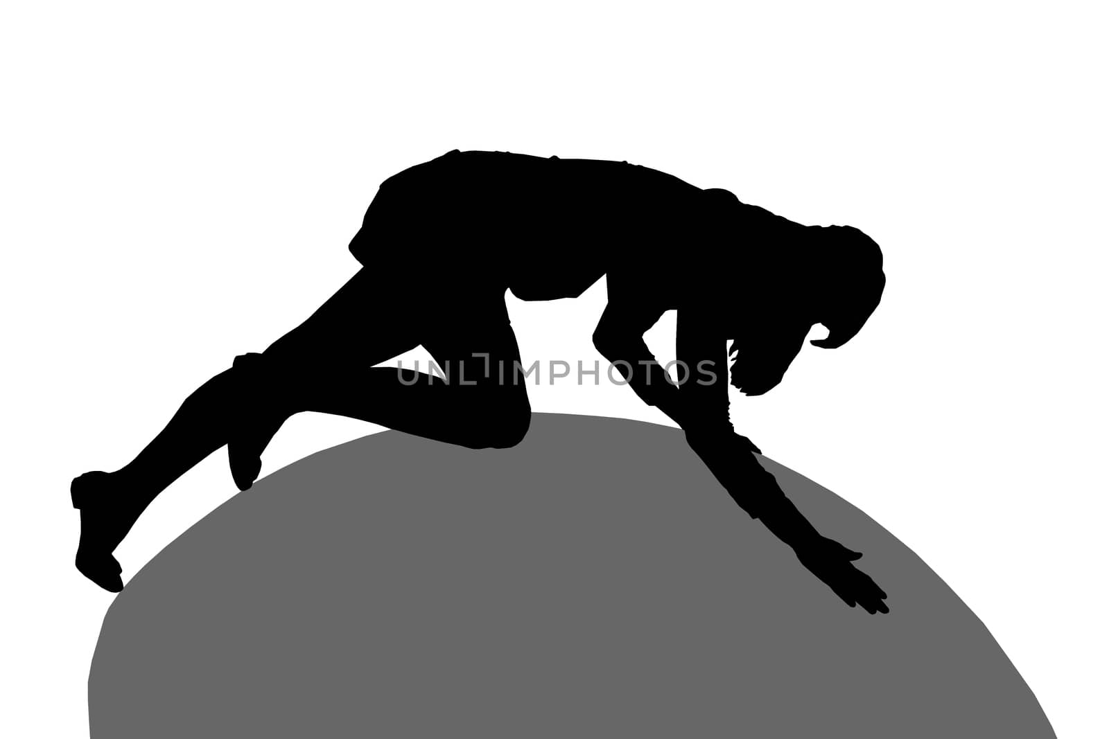 Silhouette of a girl crawling on the ball, isolated on white background.