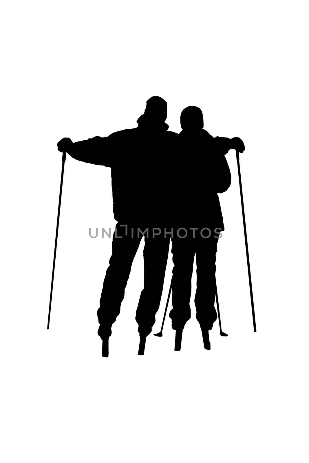 Silhouettes of skiers - men and women, isolated on white background.