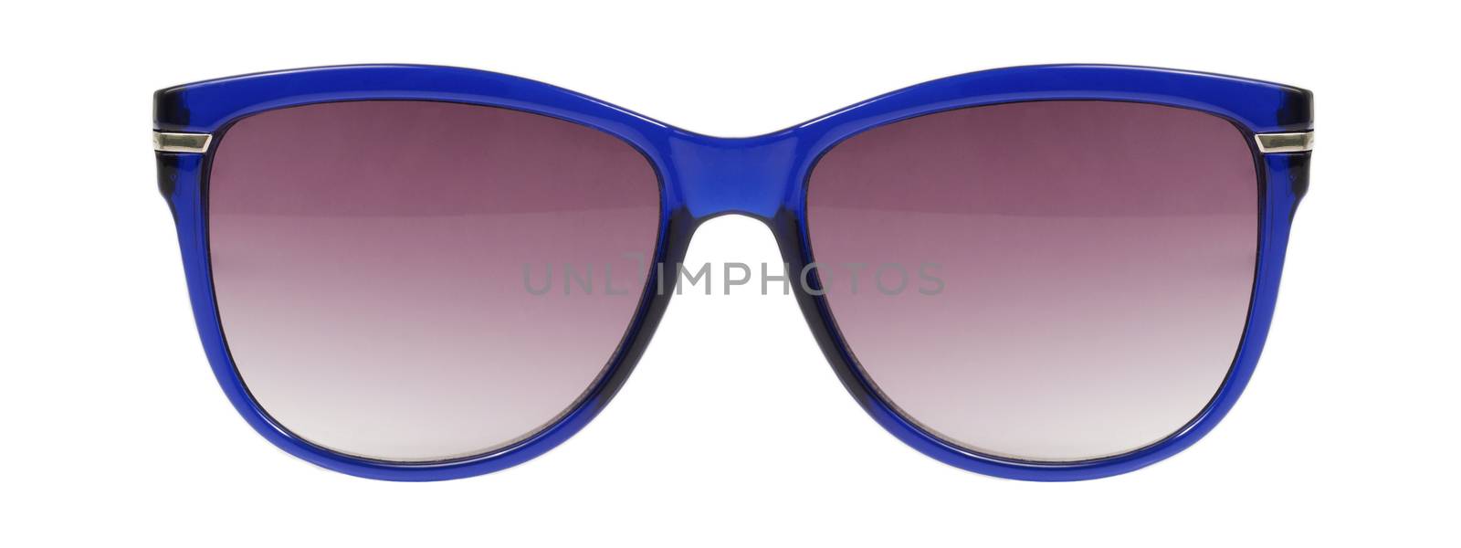 Sunglasses blue frame and red color lens isolated against a clean white background nobody