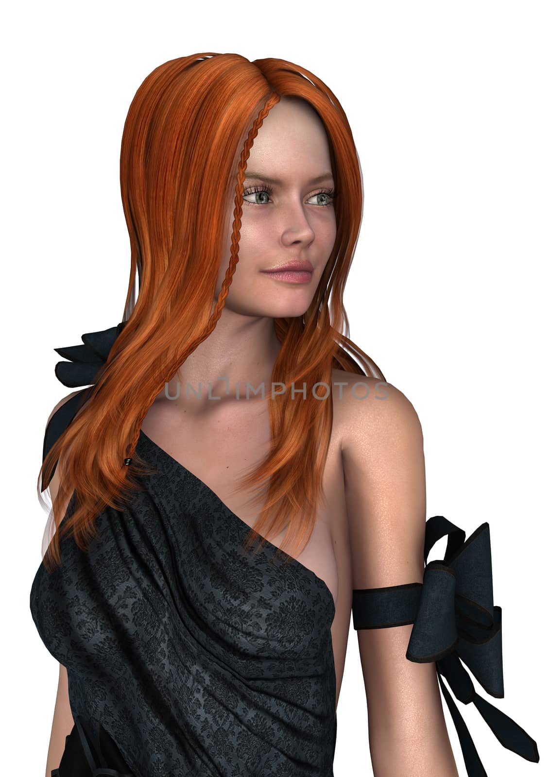 3D digital render of a beautiful girl with red hair wearing a party dress isolated on white background