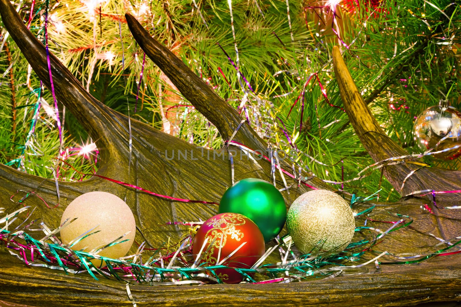 Shiny lights and nice red ball - ornaments for a Christmas tree