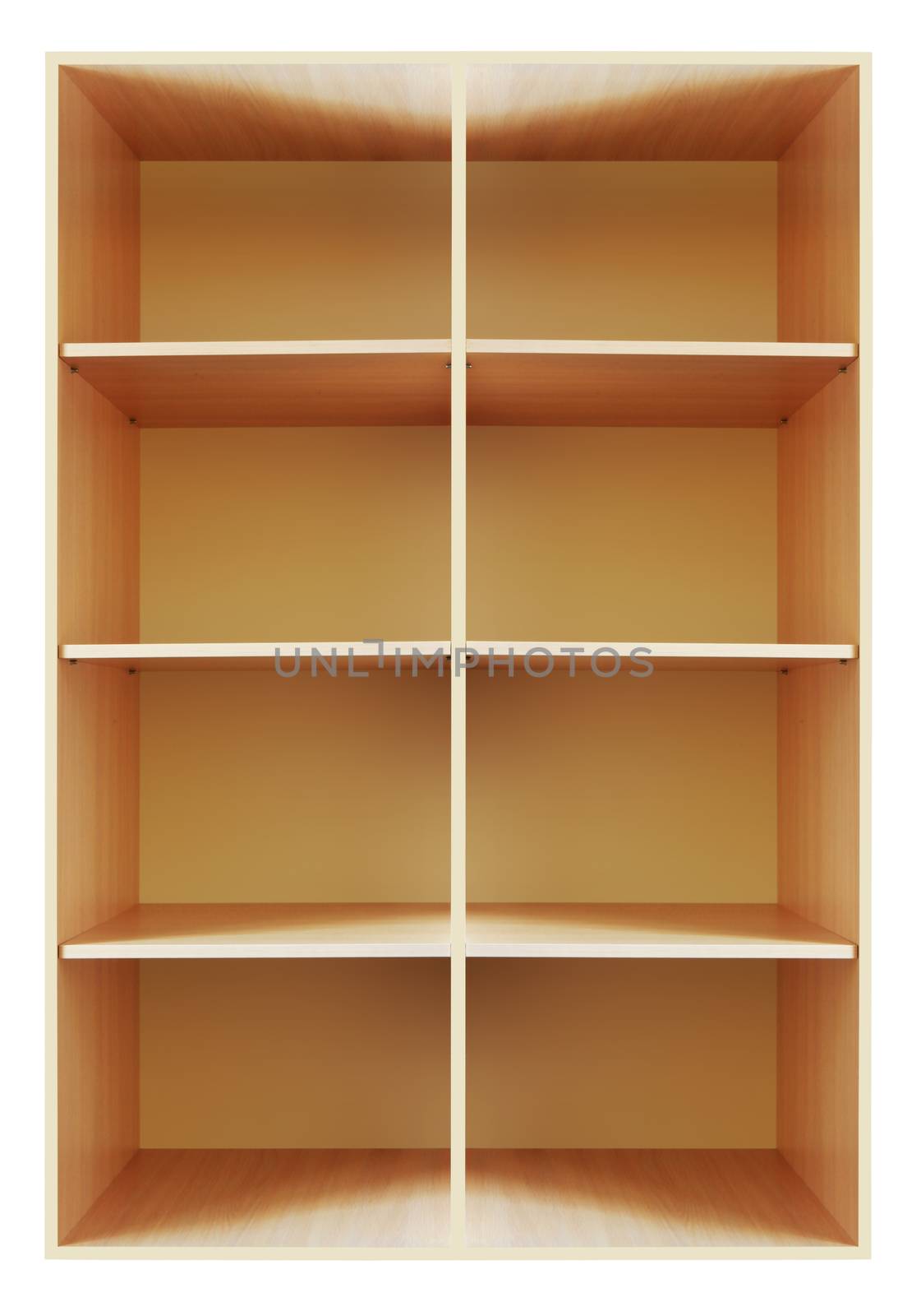 empty wooden bookshelf isolated on white background