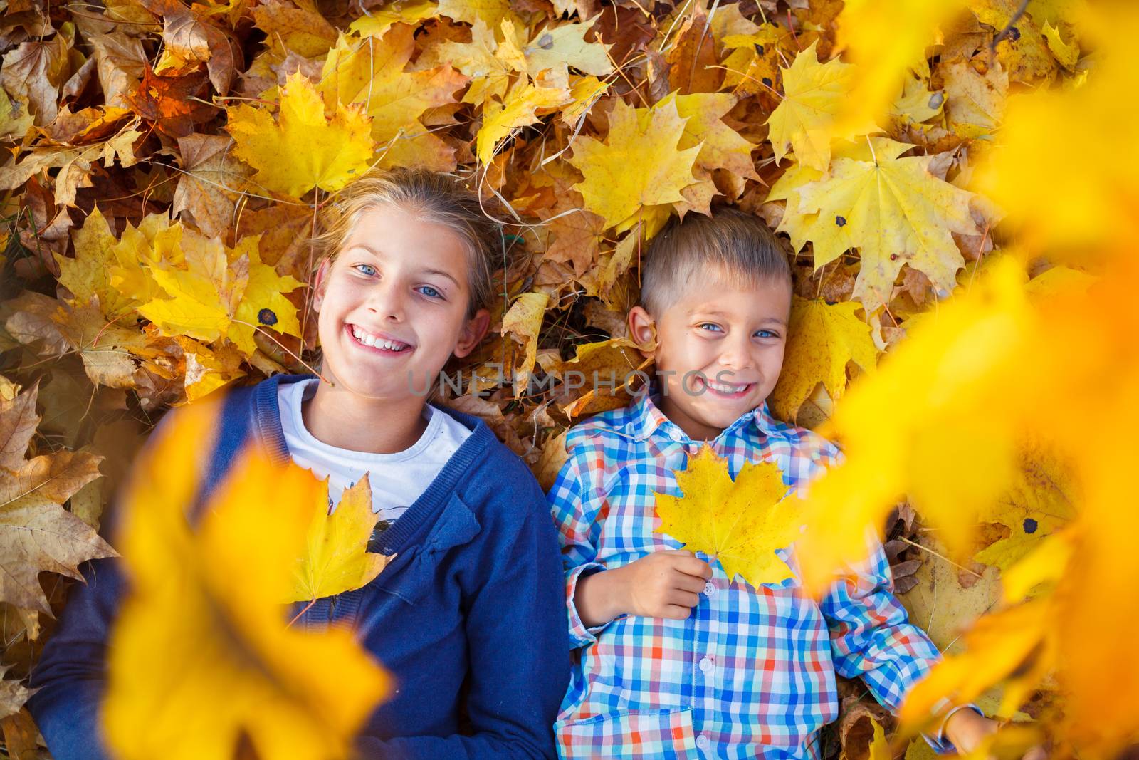 Portrait of Adorable cute boy and girl lying on leaves in the beautiful autumn park