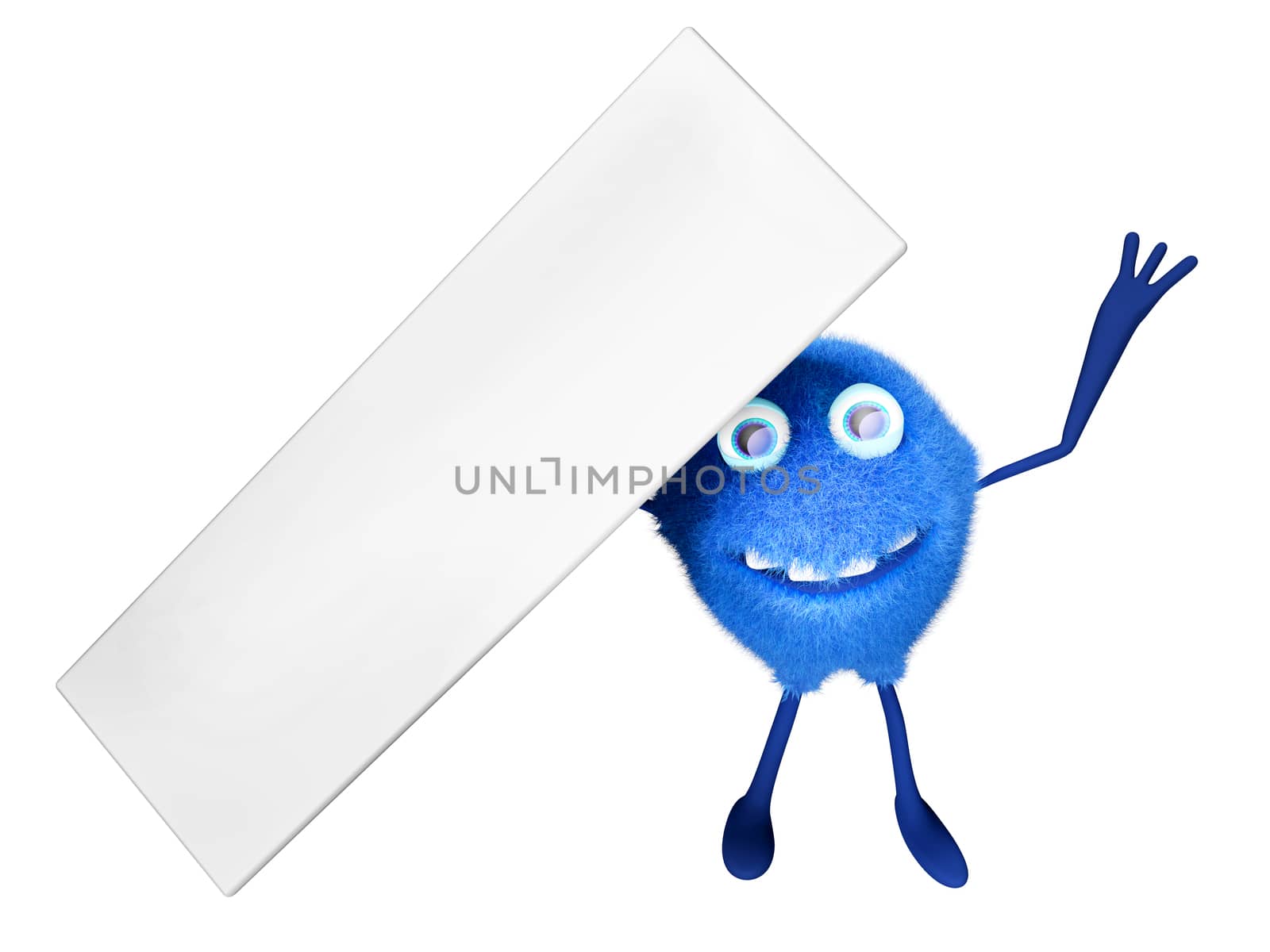 A furry male cartoon character holding a signboard over his head. 3D illustration.