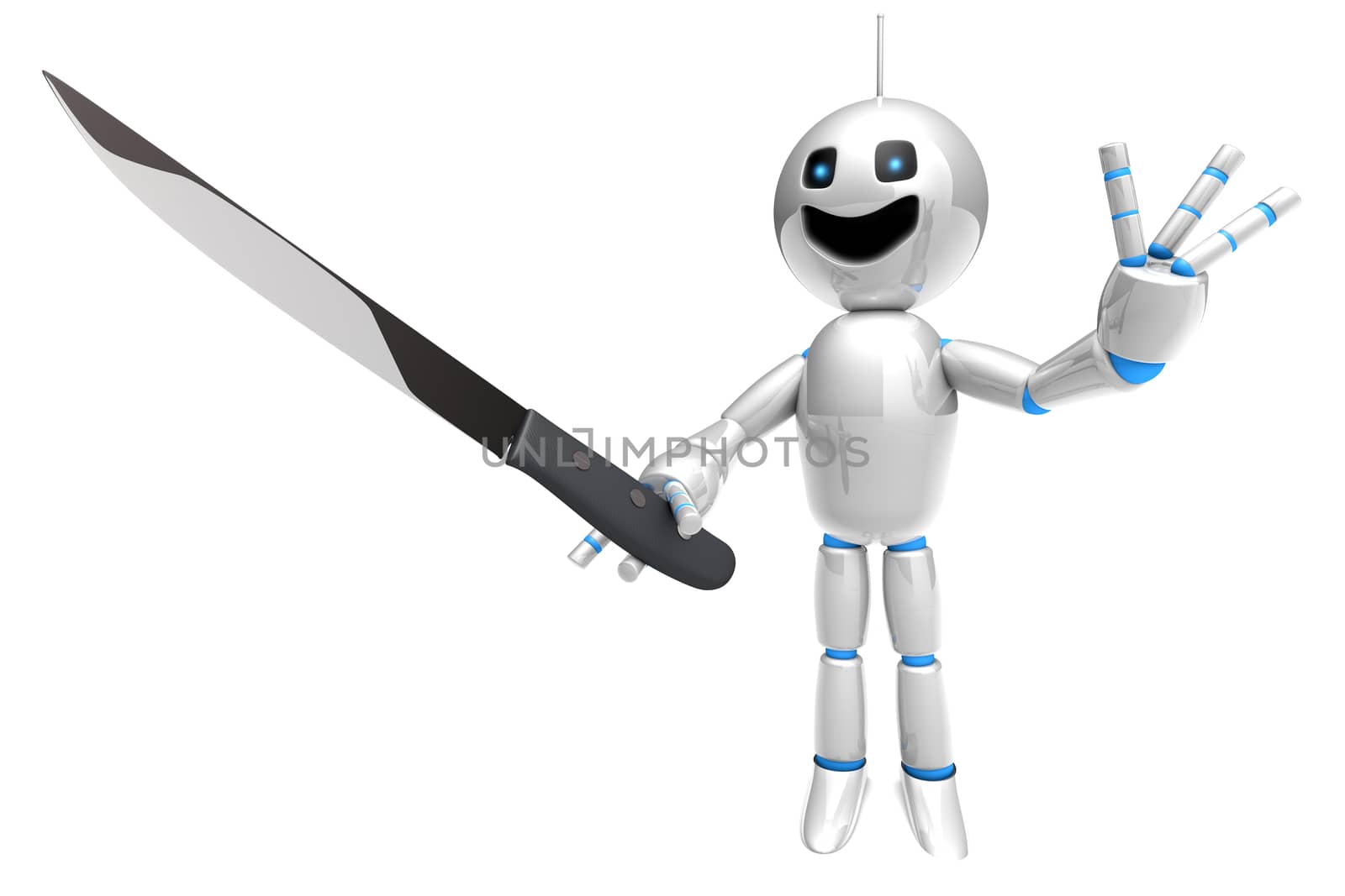 A cartoon Robot holding a kitchen Knife. 3D rendered Illustration.