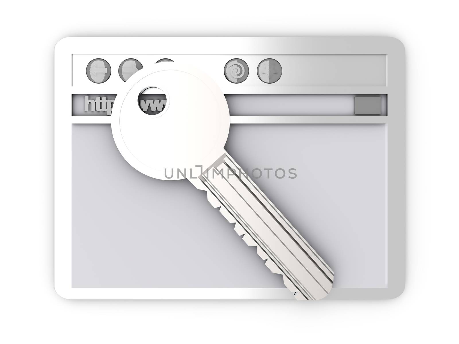 Browser window with a Key. Secure www connection. 3D rendered Illustration. Isolated on white.