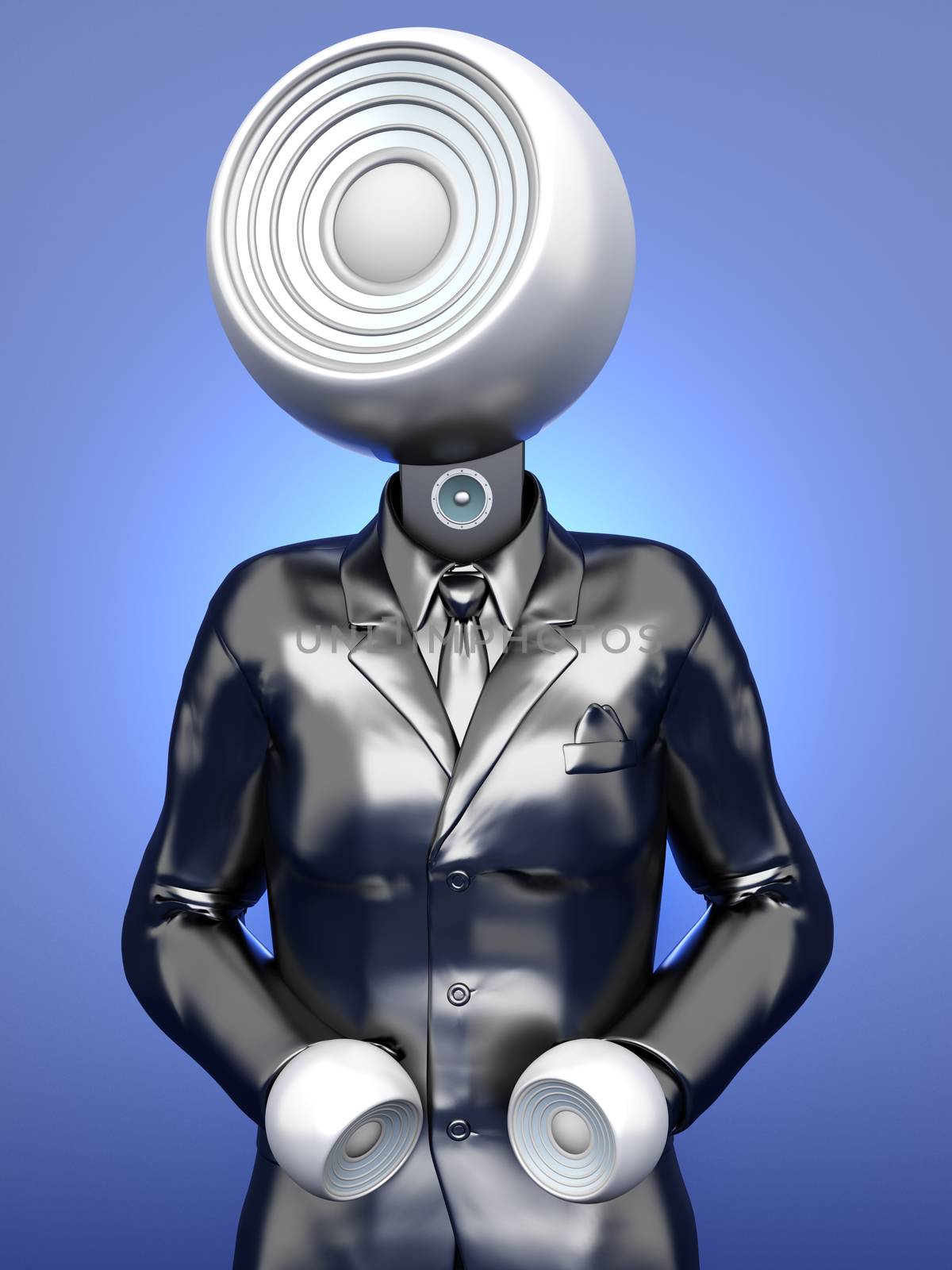 A business Audio head standing between speakers. 3D illustration.