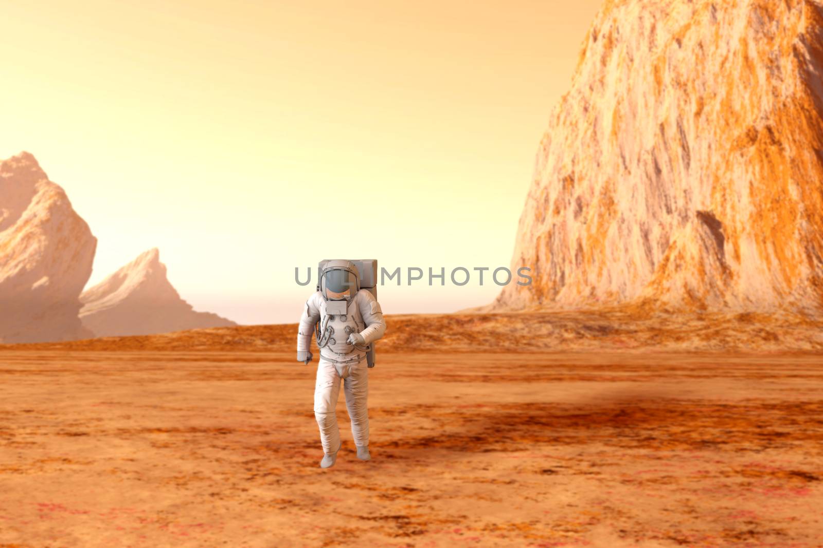 A Astronaut walking on the surface of Mars. 3D illustration.