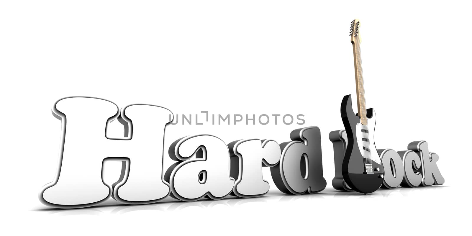 Hardrock word with a guitar. 3D Illustration.