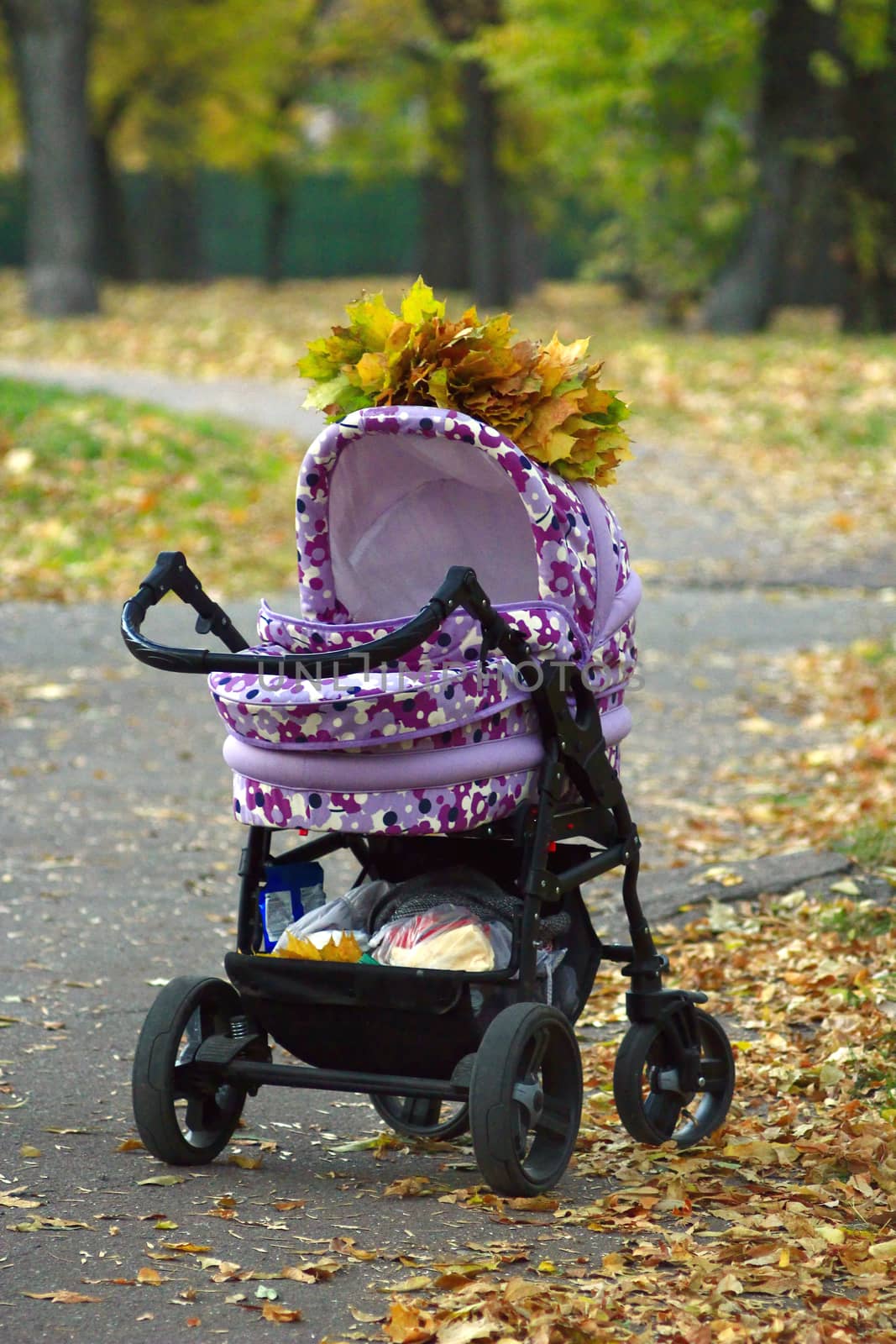 perambulator standing in the autumn park by alexmak