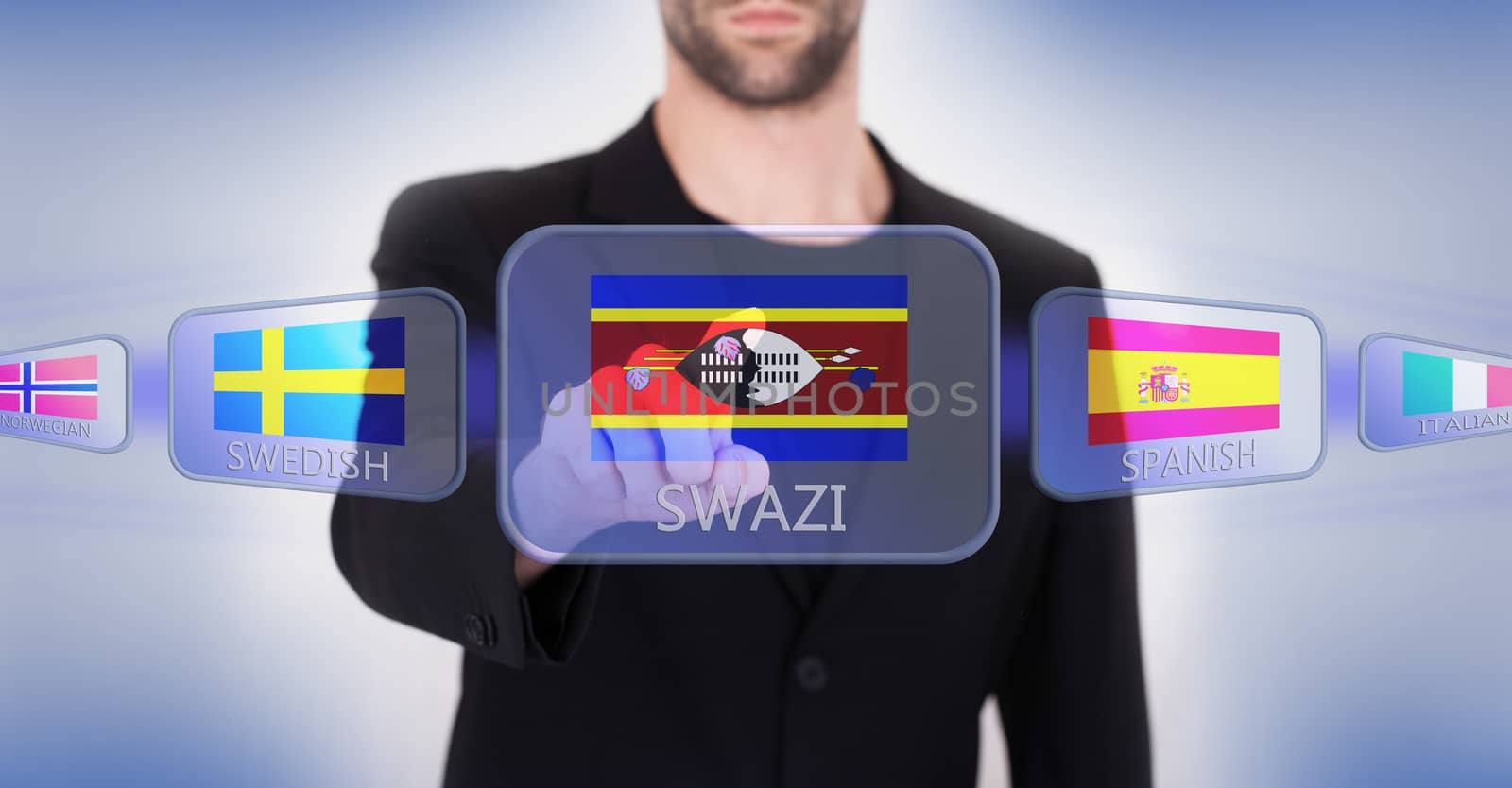 Hand pushing on a touch screen interface, choosing language or country, Swaziland