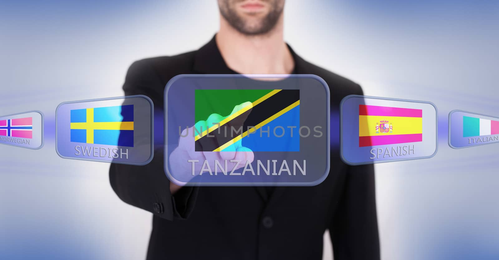 Hand pushing on a touch screen interface, choosing language or country, Tanzania