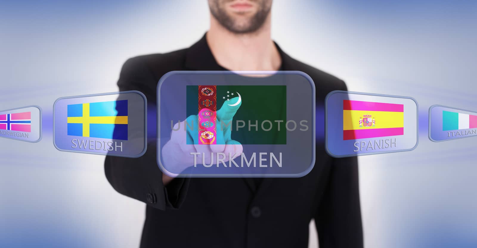 Hand pushing on a touch screen interface, choosing language or country, Turkmenistan