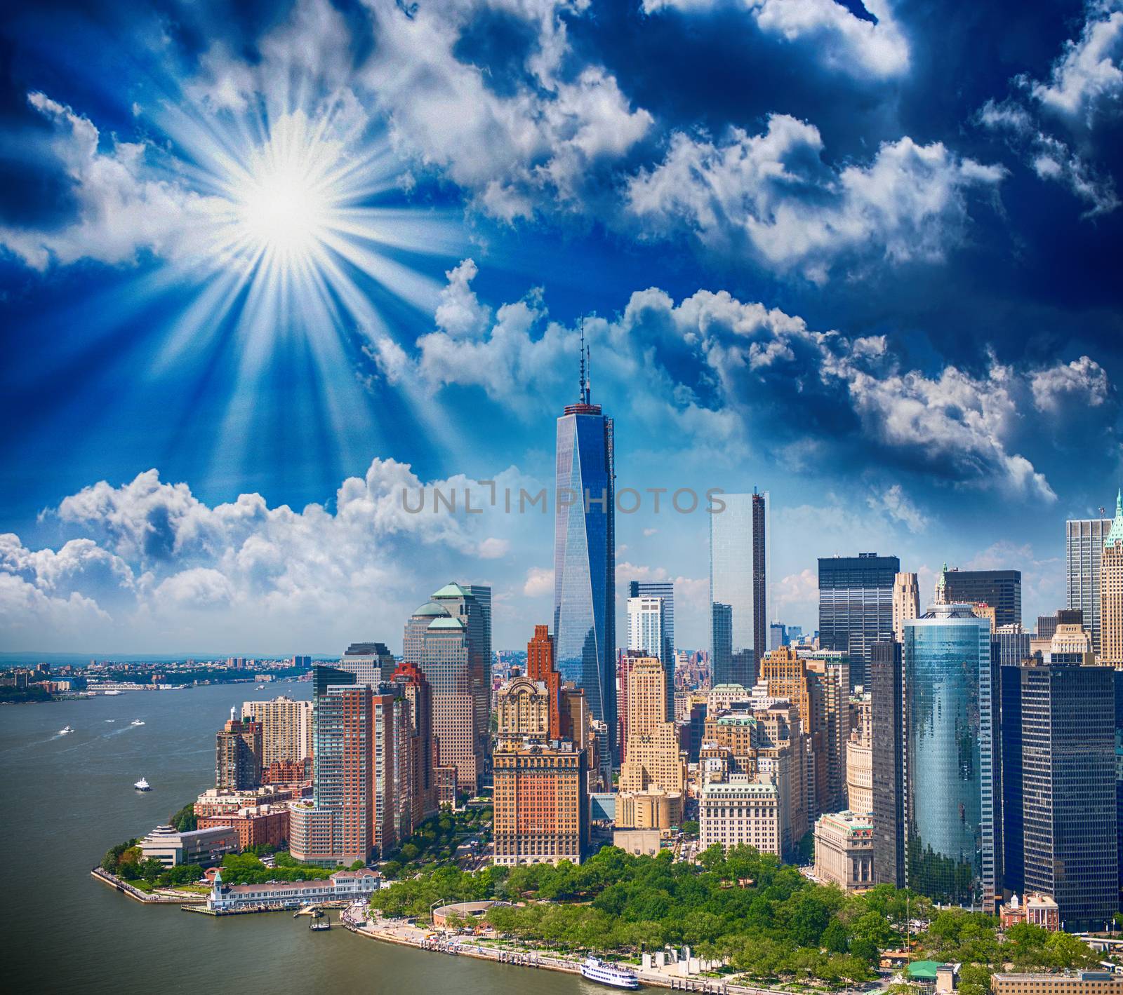 New York City Manhattan downtown aerial panorama view with skysc by jovannig