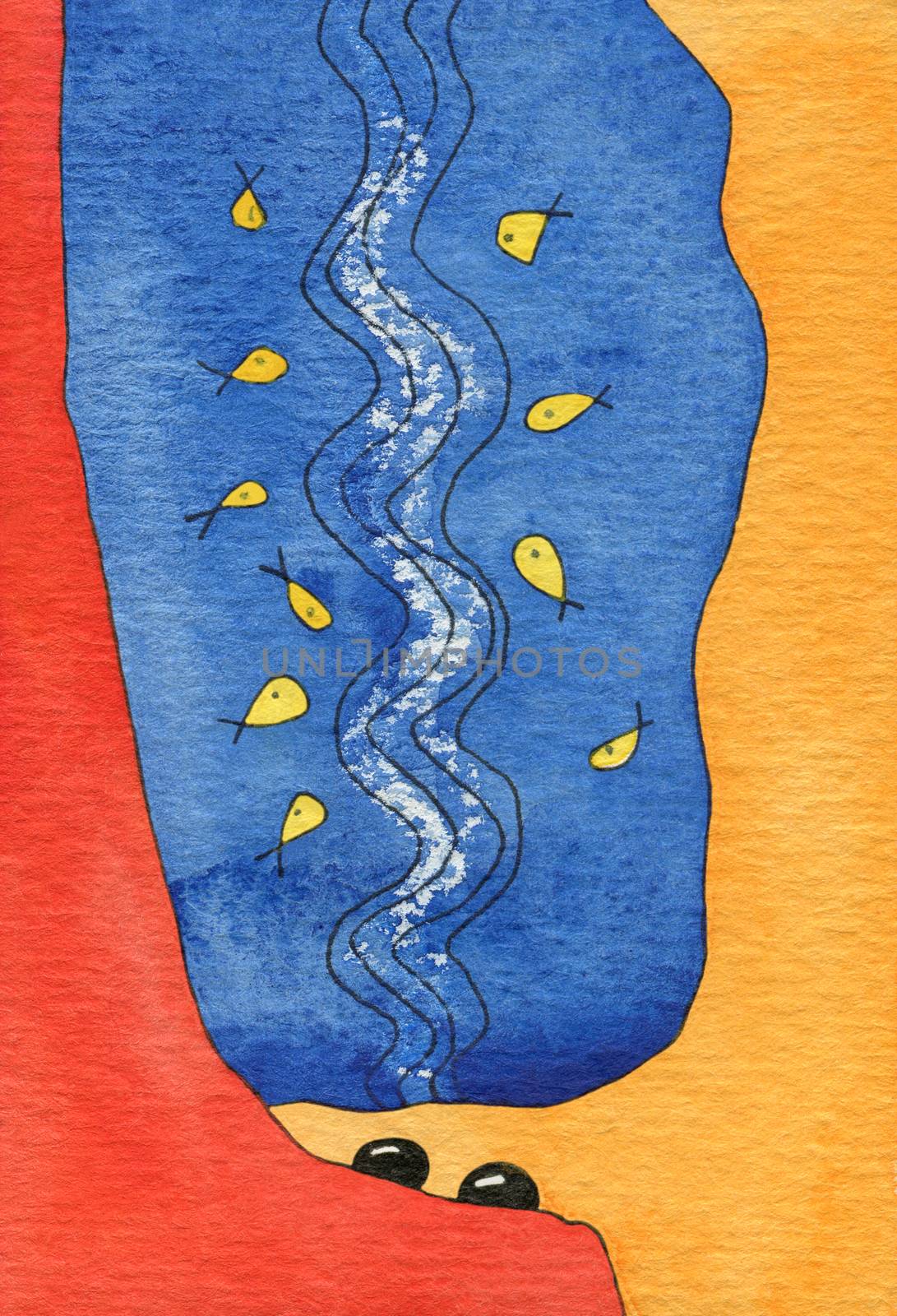 Black fisheggs and yellow fish, gouache and watercolor, abstract painting. 