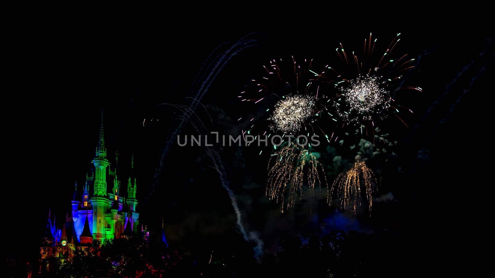 Orlando, Florida – Sept 4: The famous Wishes nighttime spectacular fireworks light up the sky at the Disney Magic Kingdom Castle in Orlando, Florida, on September 4, 2014