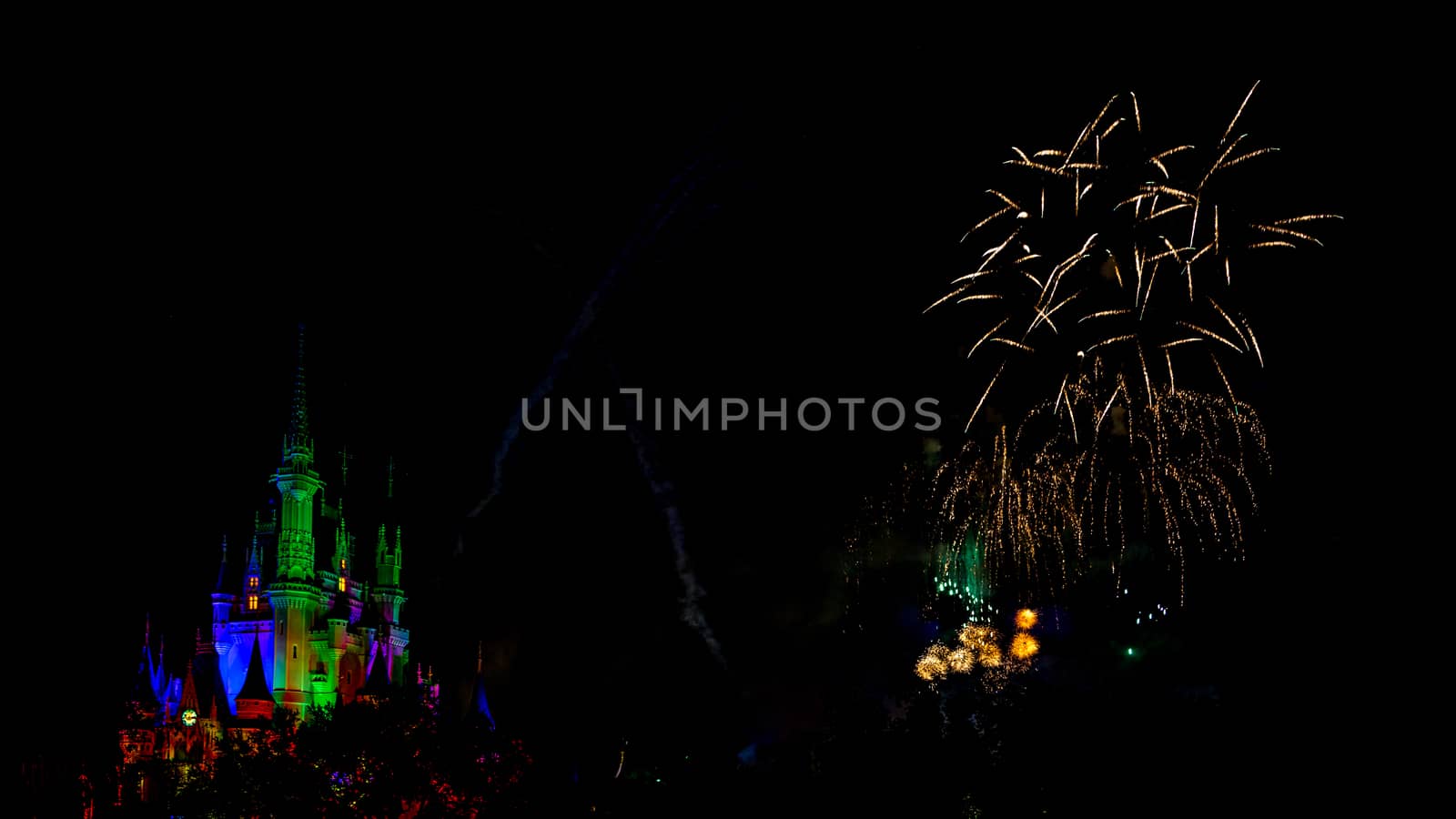 Orlando, Florida – Sept 4: The famous Wishes nighttime spectacular fireworks light up the sky at the Disney Magic Kingdom Castle in Orlando, Florida, on September 4, 2014