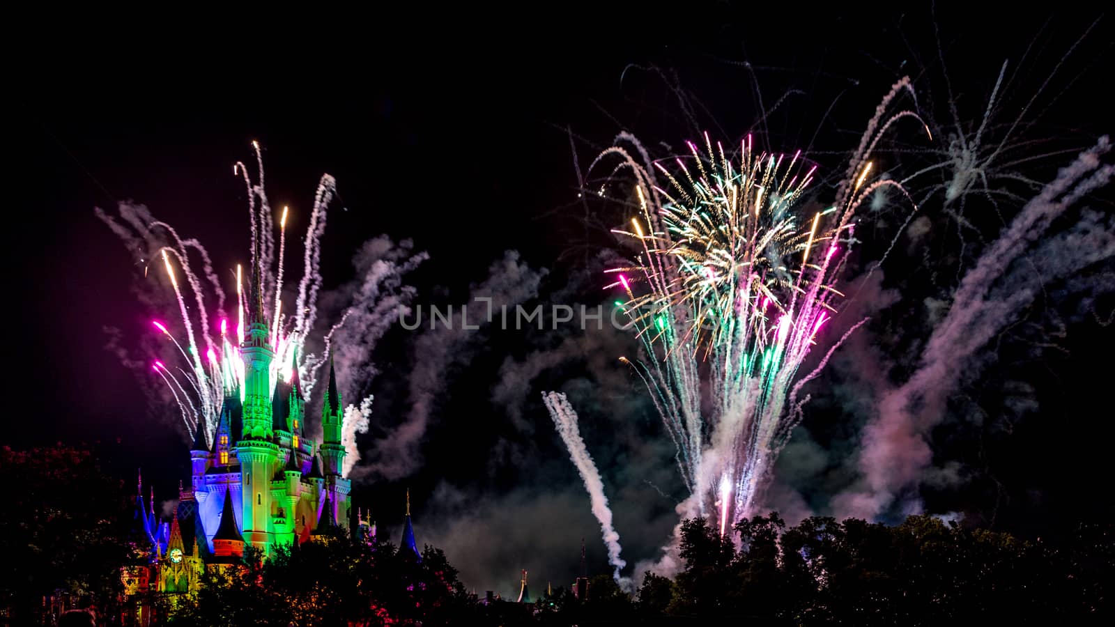 Orlando, Florida – Sept 4: The famous Wishes nighttime spectacular fireworks light up the sky at the Disney Magic Kingdom Castle in Orlando, Florida, on September 4, 2014