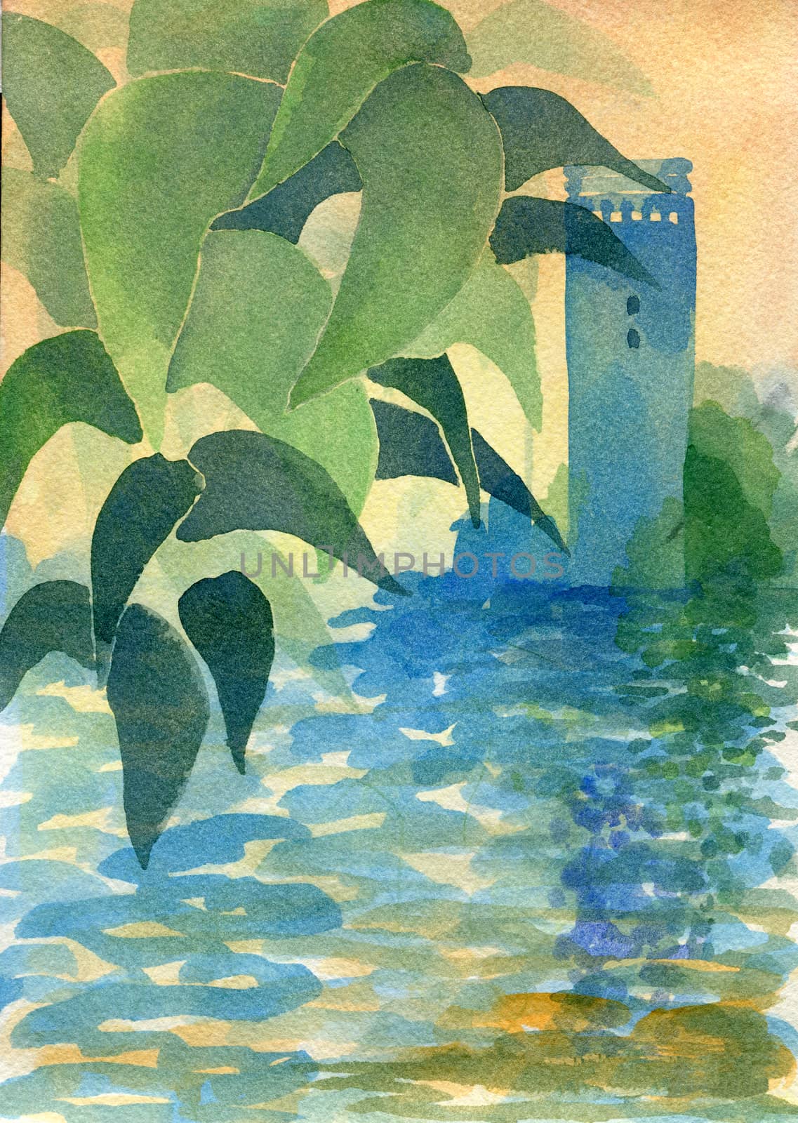 Leaves and water. Original watercolor painting with texture.