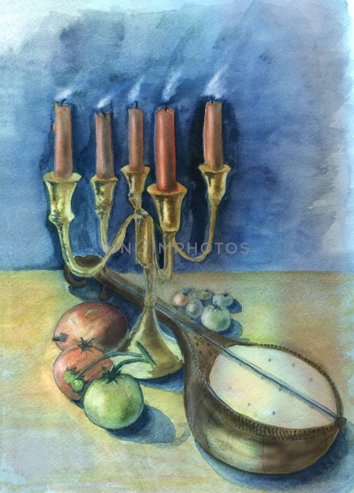 Candles and mandolin. Original watercolor and gouache painting. 