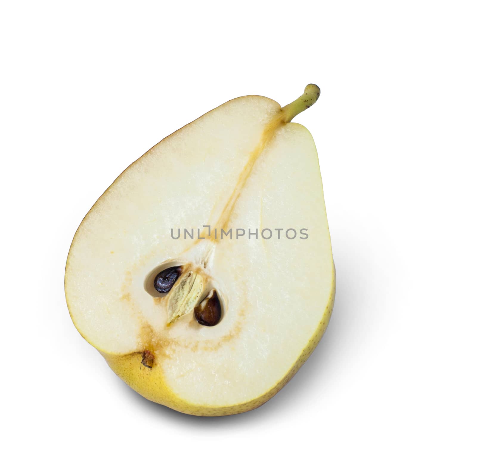Close up of a pear fruit slice, isolated on white background