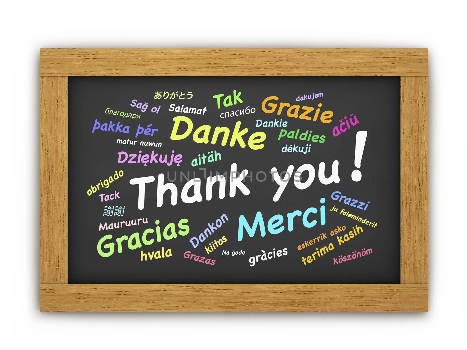 International thank you colorful text in different languages for thanksgiving concept on a wooden blackboard or chalkboard on white background.