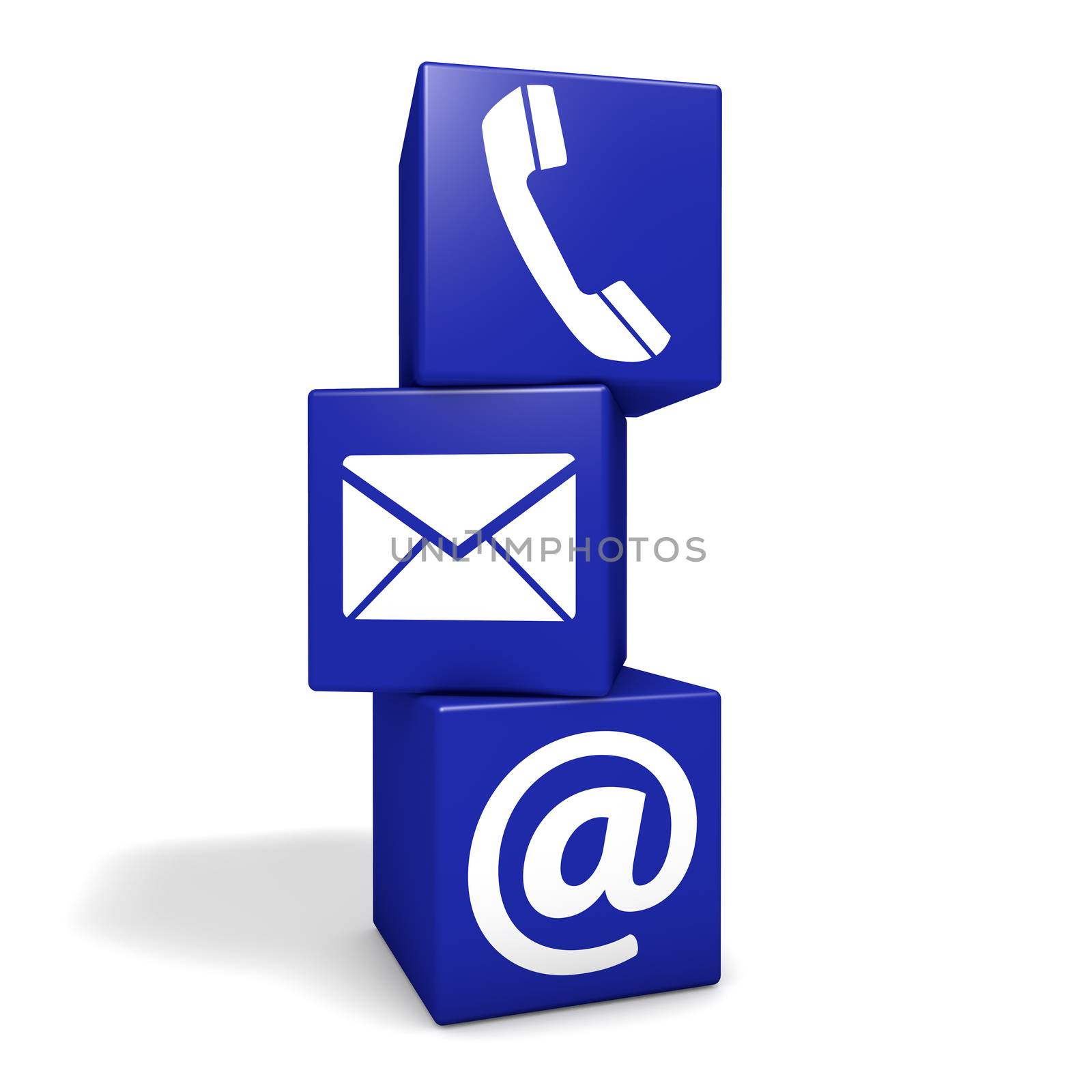 Website and Internet contact us page concept with e-mail, at symbol and telephone icon on three blue cubes isolated on white background.