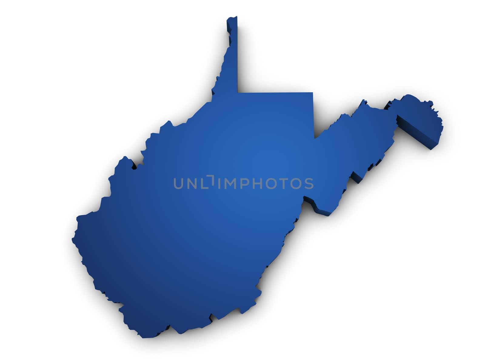 Shape 3d of West Virginia map colored in blue and isolated on white background.