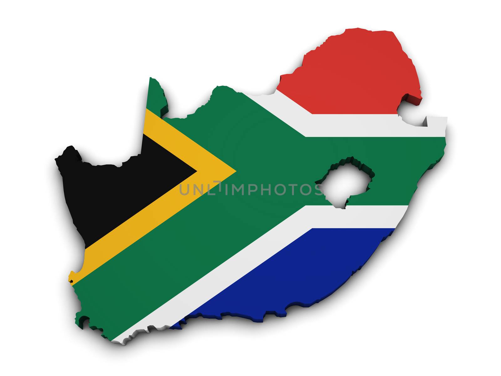 Shape 3d of South Africa map with flag isolated on white background.