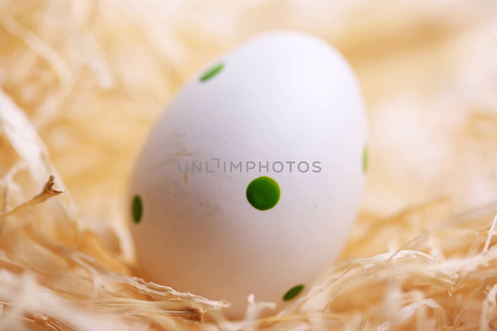 white easter egg with green spots on straw 