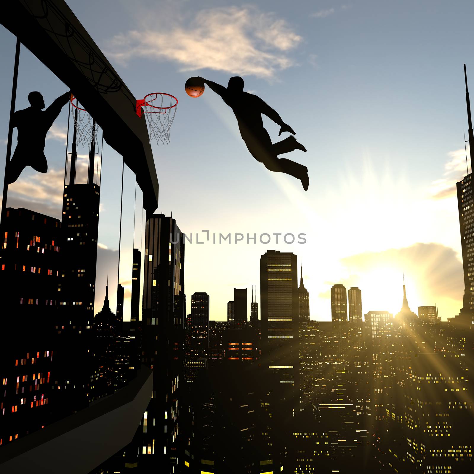 A businessman performing a slam dunk on the top of a skyscraper. Metaphor of a person reaching a higher goal.