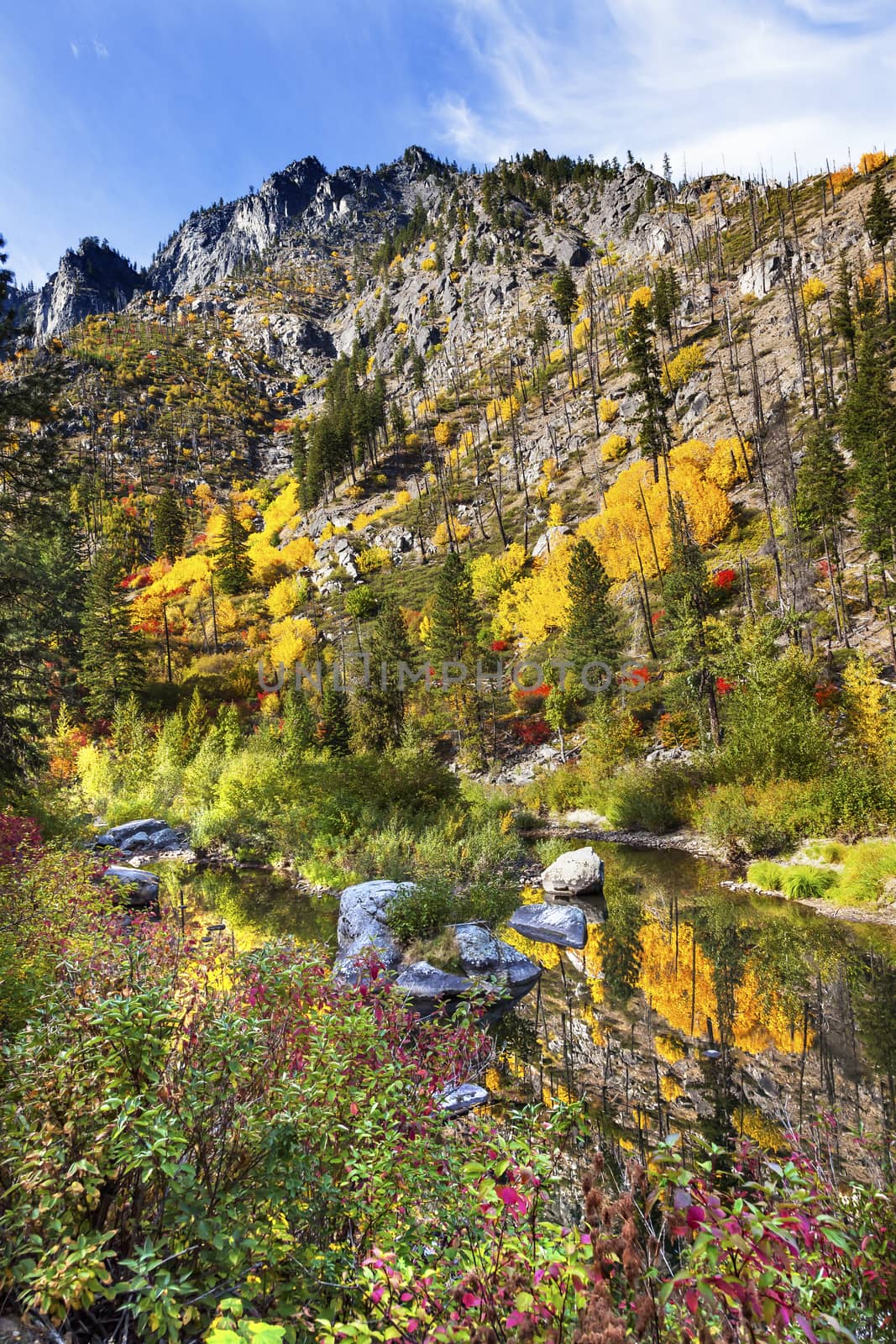 Fall Yellow Red Green Colors Reflection Wenatchee River Washington by bill_perry