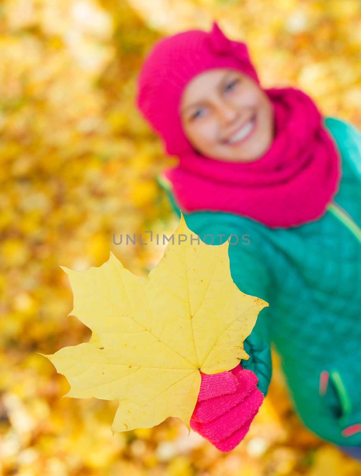 Portrait of Adorable cute girl with autumn leaves in the beauty park. Focus on the leave.