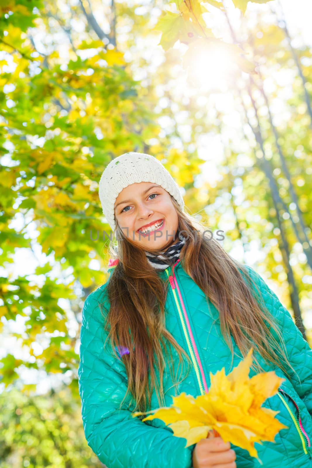 Portrait of Adorable cute girl with autumn leaves in the beauty park