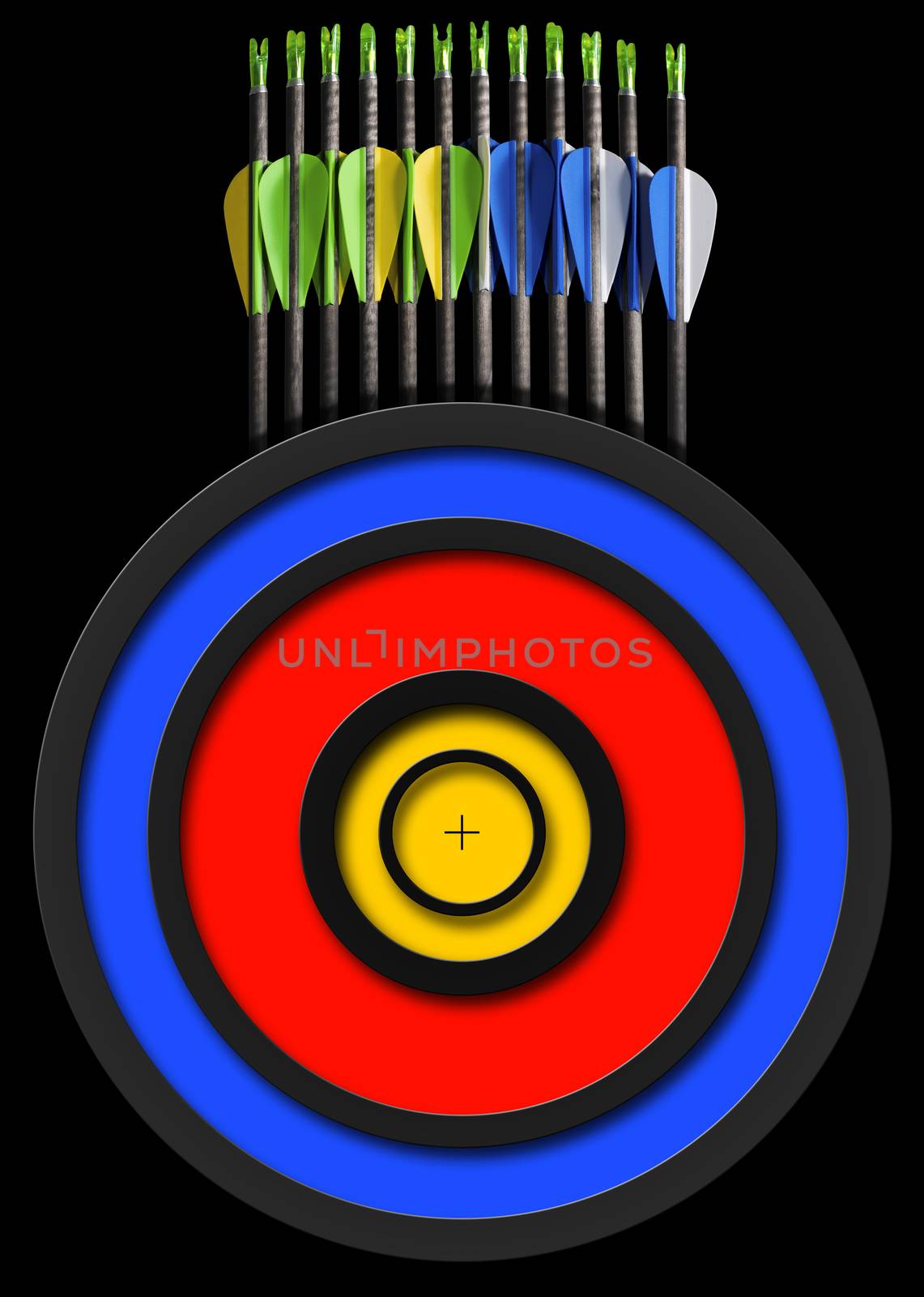 Black background with a set of arrows and target for archery