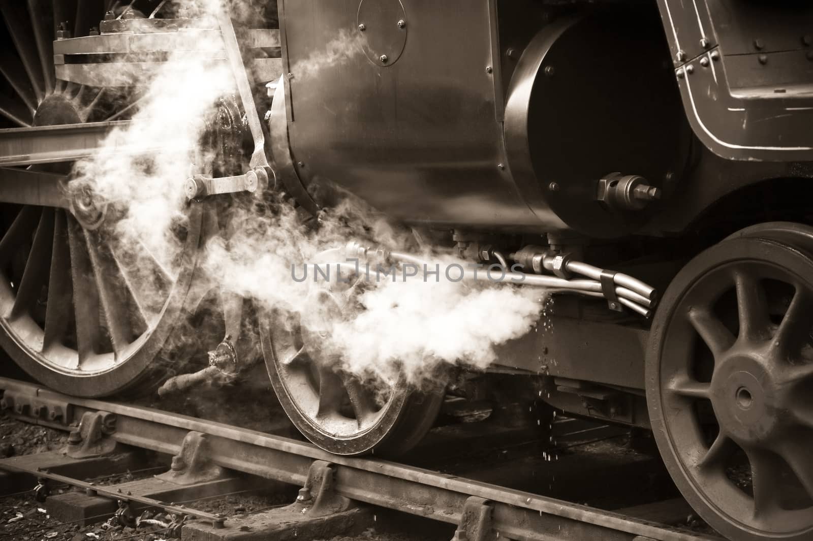 sepia toned vintage steam locomotive detail