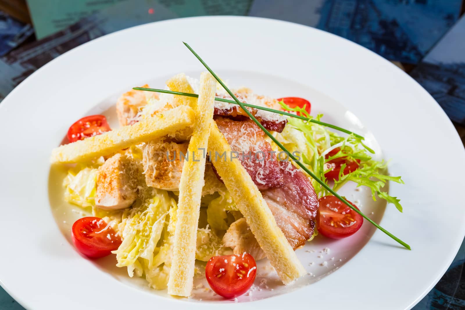 Caesar salad made of fresh vegetables. Selective focus