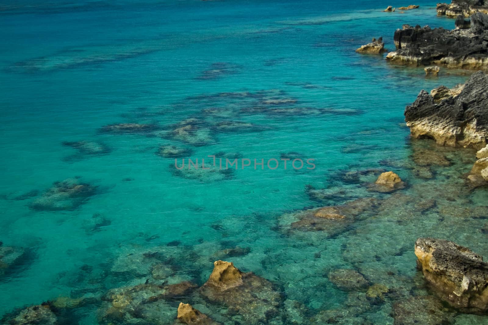 Clear, tropical sea, with underwater reef clearly visible, along with coastal rocks