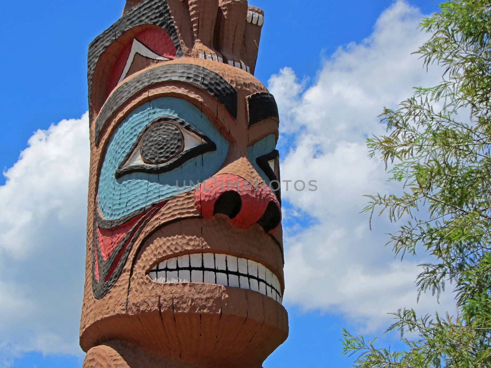 A face on a totem pole, with blue sky and white clouds behind