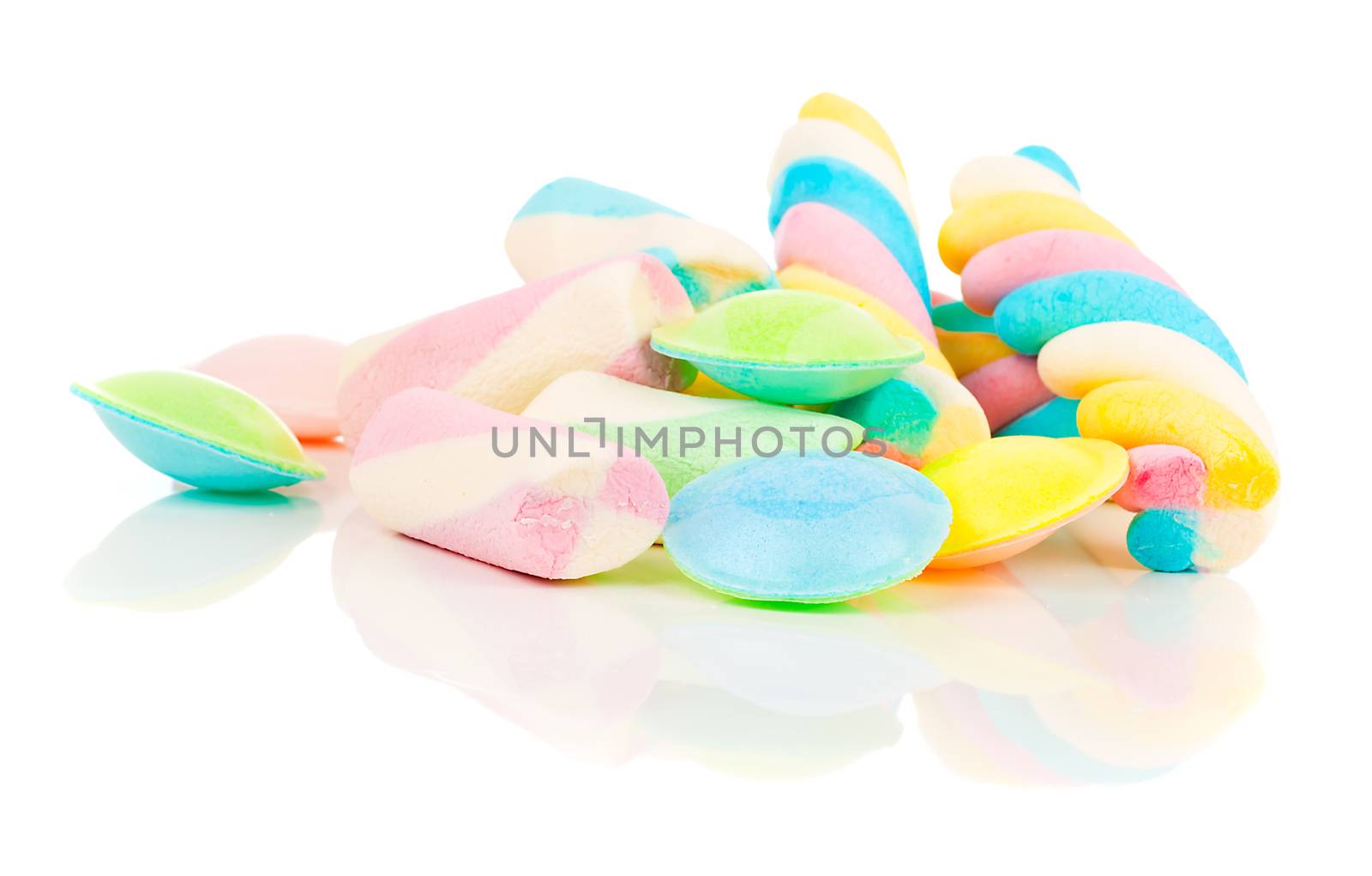 color marshmallows on white background.
