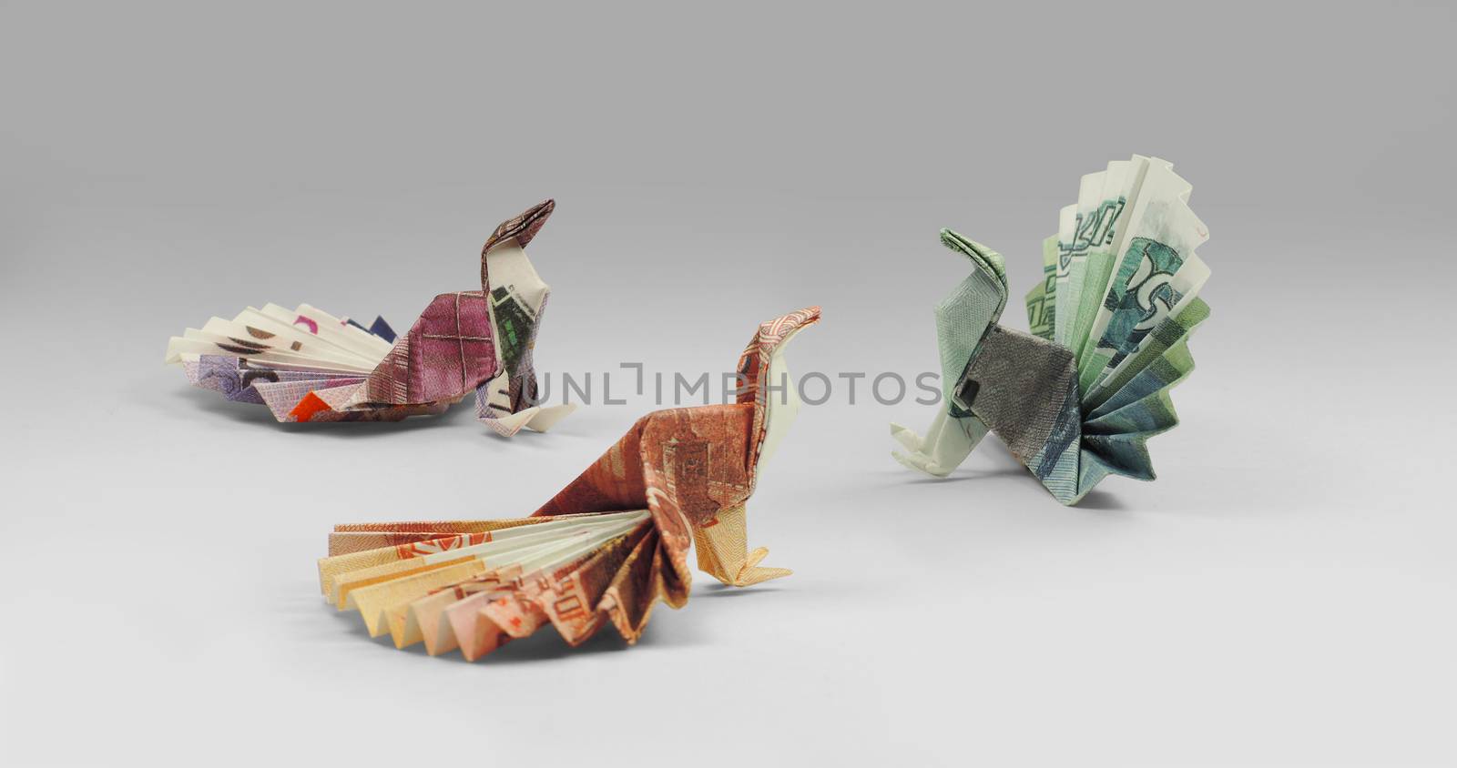three bird origami banknotes walking by butenkow