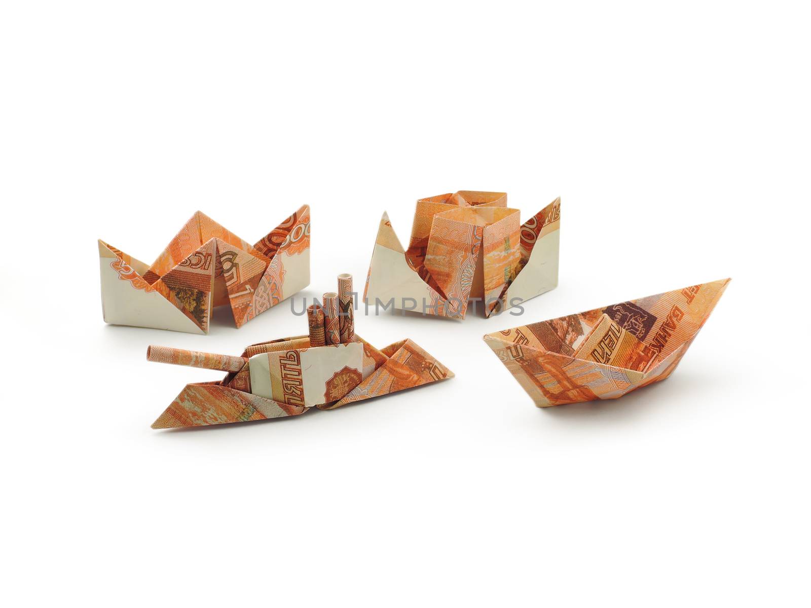 collection of origami ships of five thousands ruble banknotes
