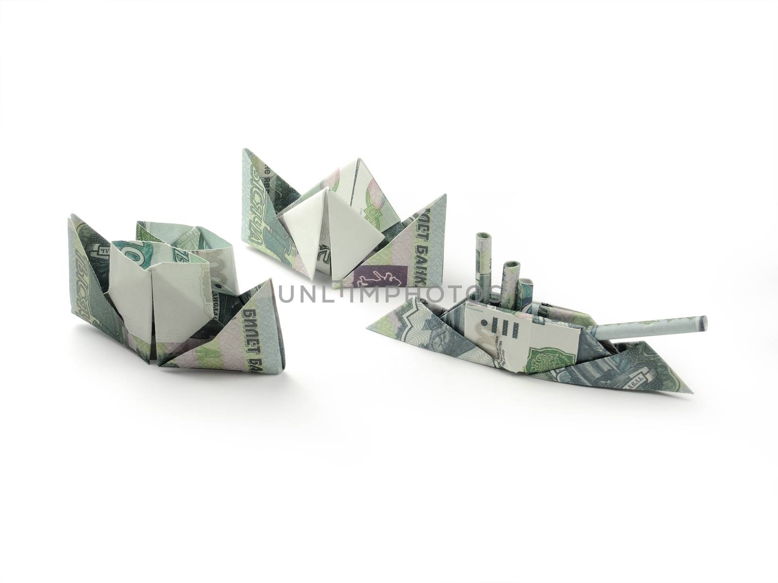 collection of origami ships of one thousand ruble banknotes