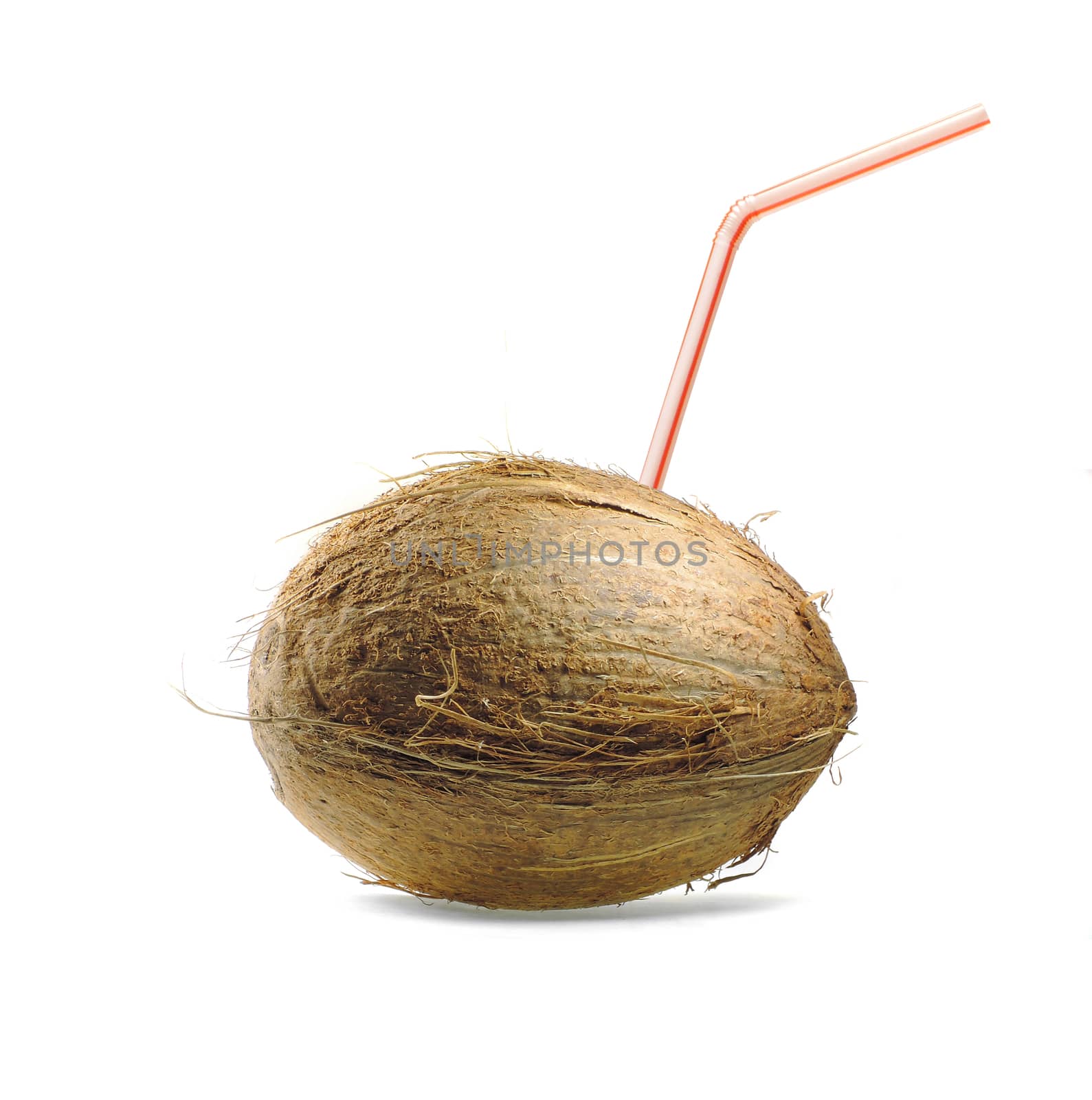 coconut on white background with cocktail straw 