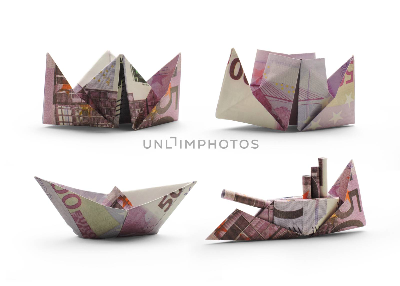collection of origami ships of five hundred euro banknotes