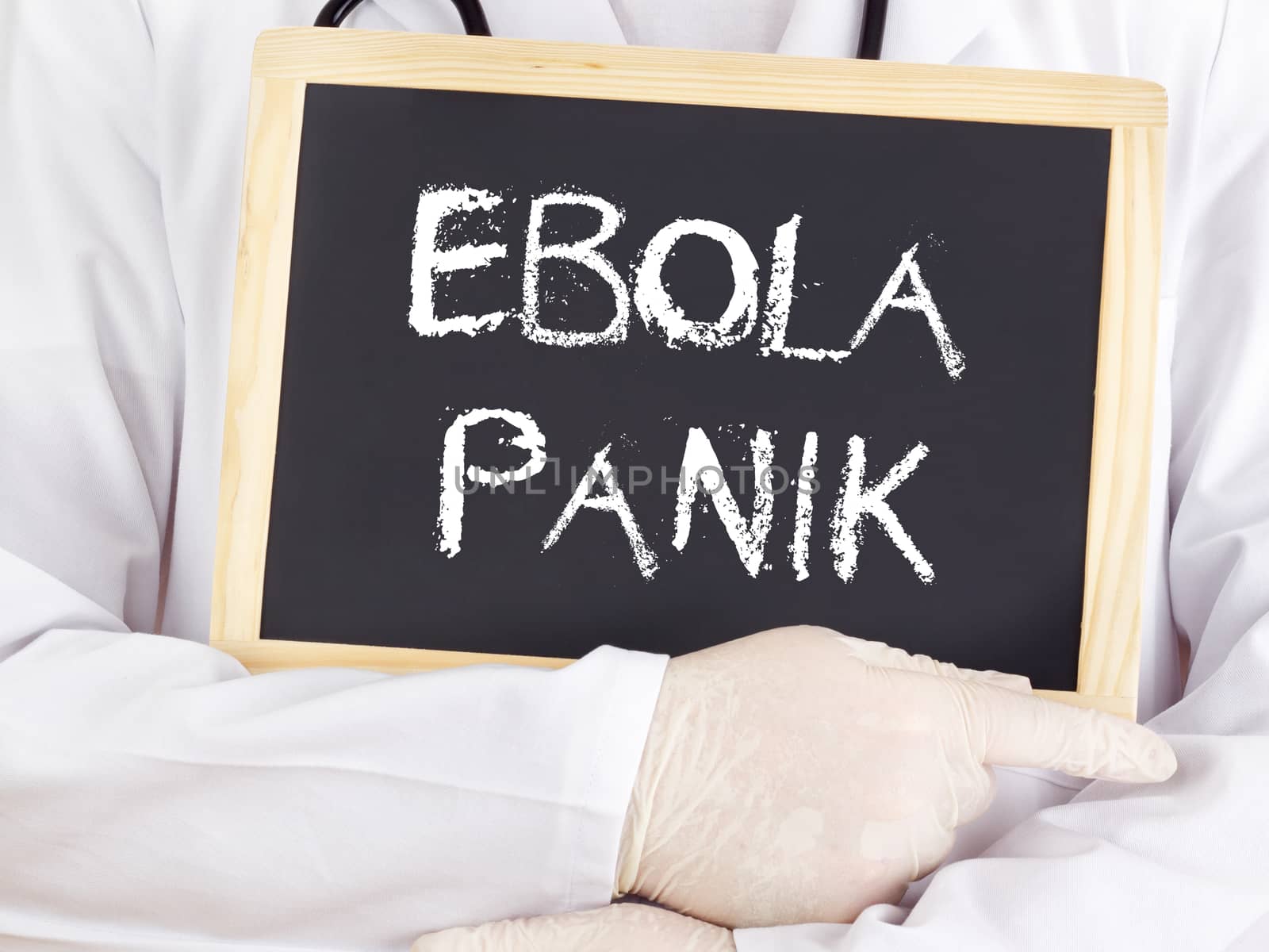 Doctor shows information: Ebola panic in german language