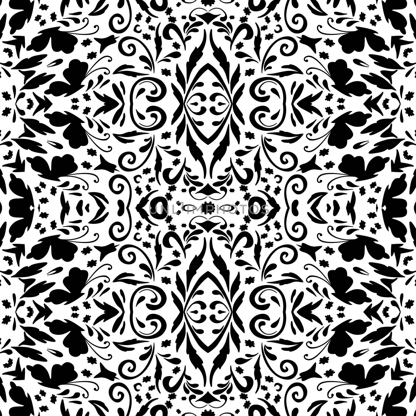 Seamless abstract floral pattern with symbolical butterflies, black silhouettes on white background.