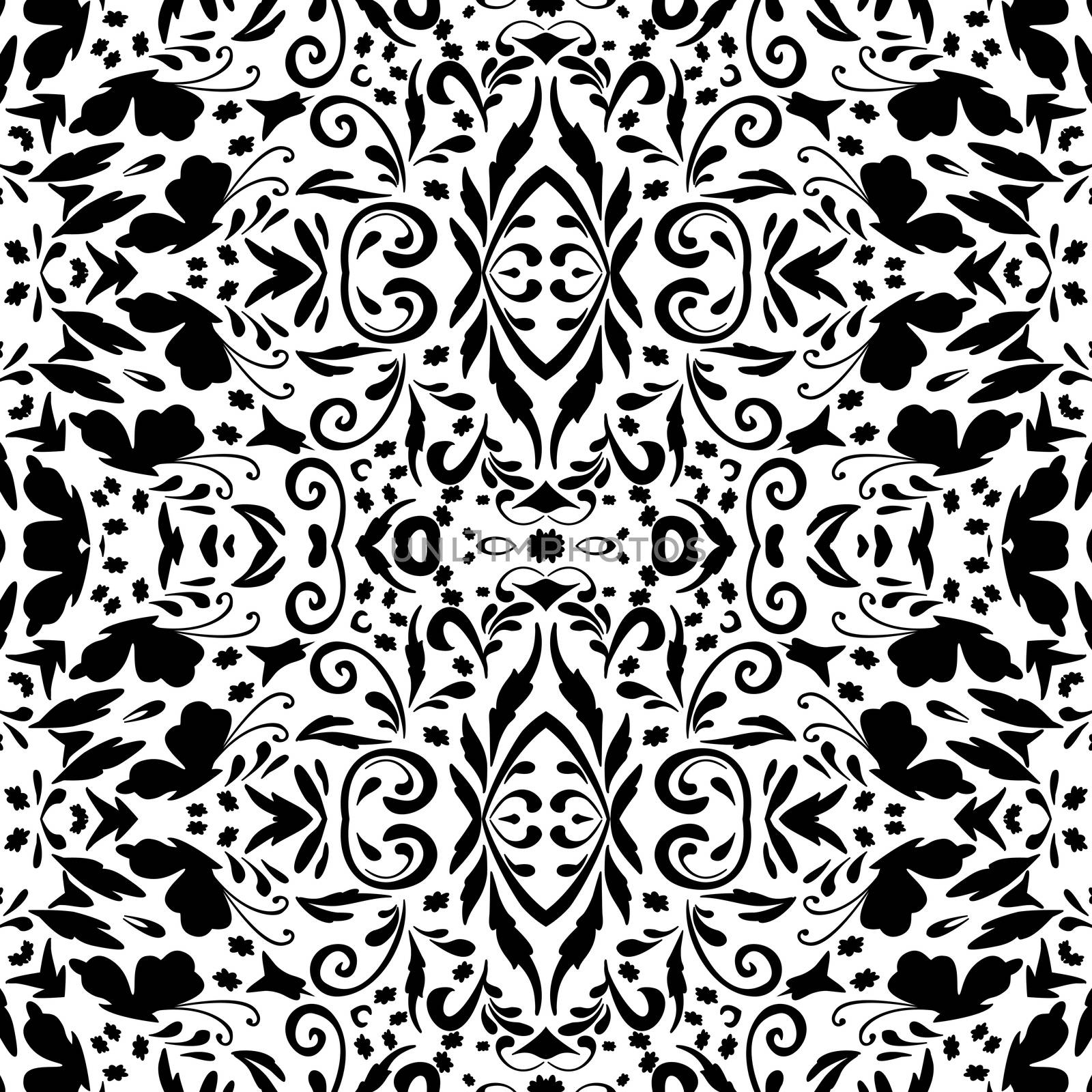 Seamless abstract floral pattern with symbolical butterflies, black silhouettes on white background.