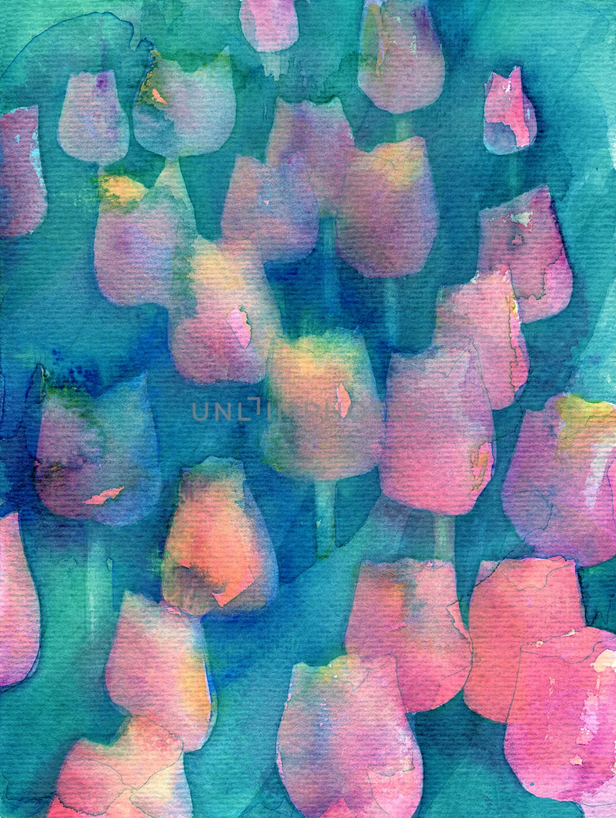 Turquoise Tulips Texture. Abstract original watercolor background texture. 