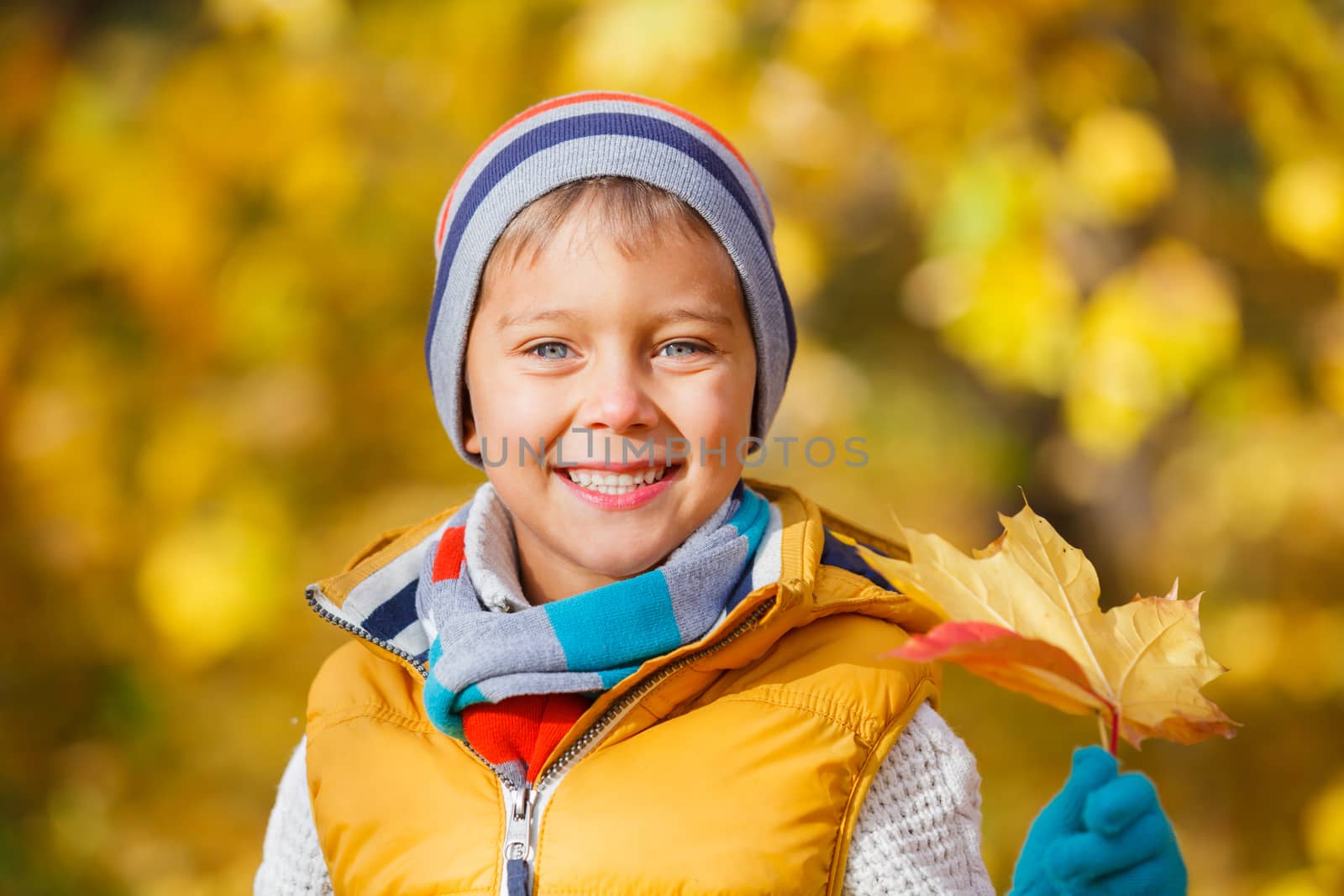 Closeup portrait of Adorable cute boy with autumn leaves in the beautiful park